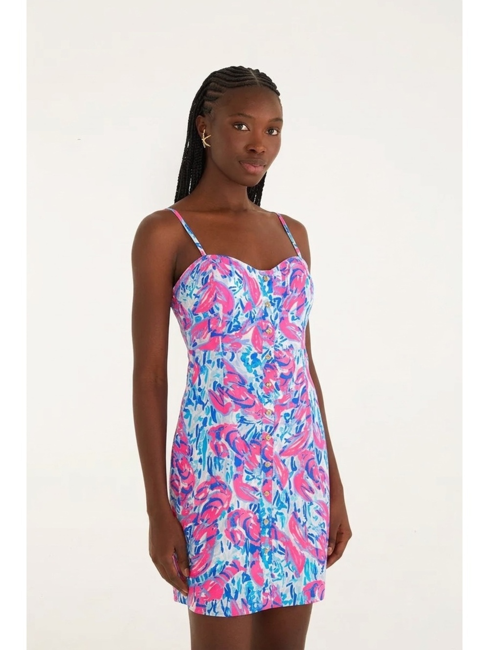 Lilly Pulitzer Pink Blue Floral Spaghetti Strap sundress Dress Gold Buttons Sz 6